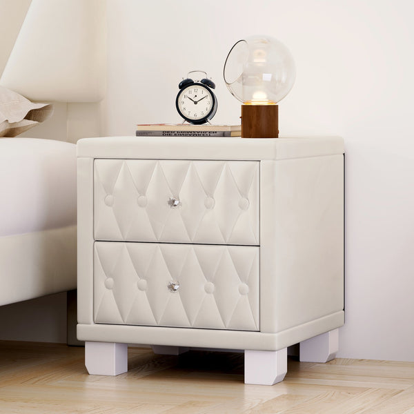 English Elm Elegant Velvet Upholstered Nightstand with Crystal Knobs Tufted Glam Bedside Storage Beige N733P210398A