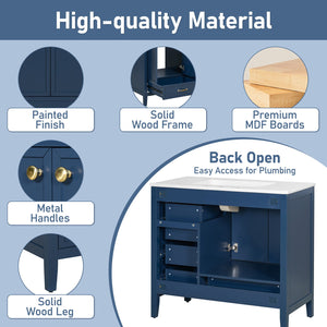 English Elm Christopher Knight Home® - 36" Vintage-inspired Bathroom Vanity with Ceramic Sink, Solid Wood Frame, Soft-Close Drawers, Spacious Storage Blue N759P293646C