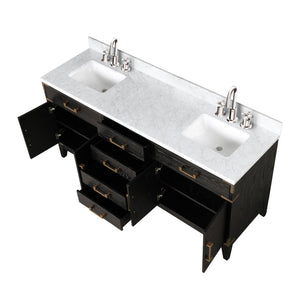 English Elm Black Oak Double Bath Vanity With 72" Carrara Marble Top, Faucet Set & Soft-Close Drawers Included B2731P260952