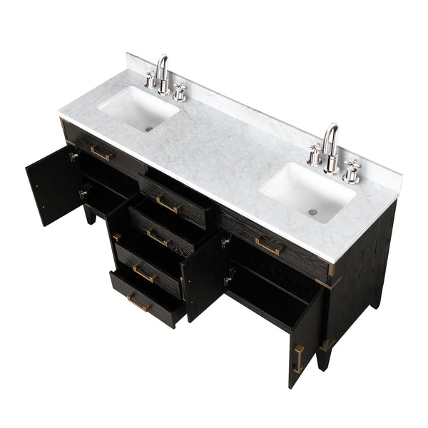 English Elm Black Oak Double Bath Vanity With 72" Carrara Marble Top, Faucet Set & Soft-Close Drawers Included B2731P260952