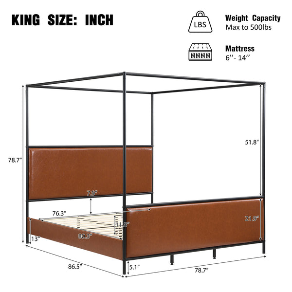 English Elm King Canopy Bed Iron Four Post Frame with Pu Leather Upholstered Headboard Footboard N757K343427O