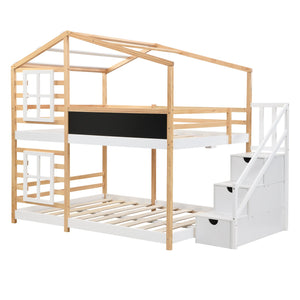 English Elm Twin Over Solid Pine House Bunk Bed with Blackboard Storage Staircase W495S00013