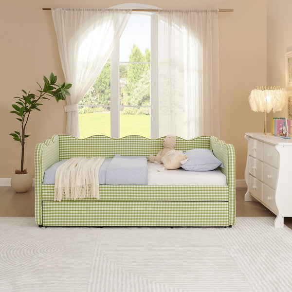 English Elm Cozy Twin Gingham Daybed with Trundle Sofa Bed, Linen Upholstery, USB Port, Wave Frame Design Green W1413S00100