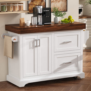 English Elm K&k Rolling Kitchen Island with Walnut Grain Countertop Drawers and Spice Rack White N707S000025W