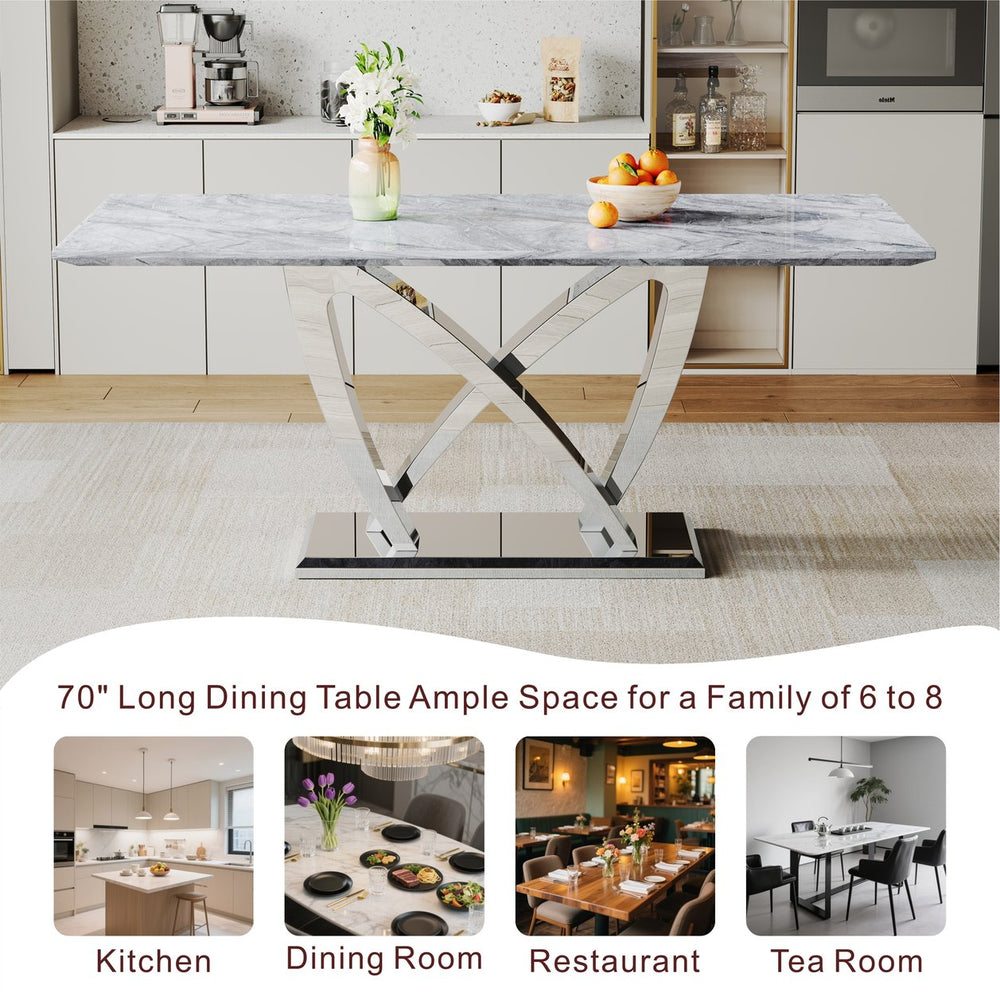 English Elm Marble Dining Table For 6 - Modern 74.8" Rectangle Faux Marble Top With Chrome Base, Easy Care W3456S00051