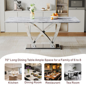 English Elm Marble Dining Table For 6 - Modern 74.8" Rectangle Faux Marble Top With Chrome Base, Easy Care W3456S00051