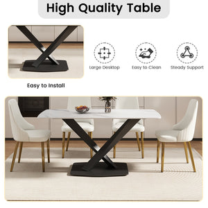 English Elm 63" Modern Sintered Stone Dining Table with Durable X-Leg Iron Base, Seats 6, 400 lb Capacity Antique White,Black W1535S00533