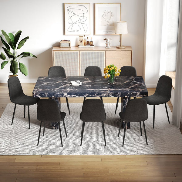 English Elm Table and Chair Set Seats Eight with Marble Pattern Mdf Top Brown Fabric Dining W1151S04133