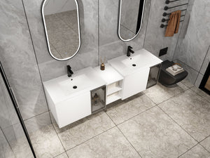 English Elm 72" Floating Double Bathroom Vanity Plywood Cabinet Ceramic Sinks Soft Close Doors W999S00533