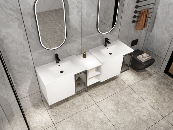 English Elm 72" Floating Double Bathroom Vanity Plywood Cabinet Ceramic Sinks Soft Close Doors W999S00533
