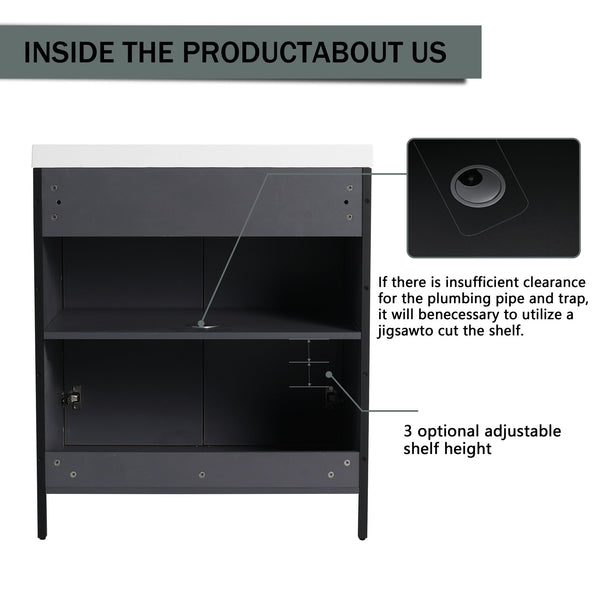 English Elm 30" Modern Freestanding Bathroom Vanity with Resin Sink, Soft-Close Doors, Adjustable Shelf, Durable Plywood Finish Light Coffee W999S00295