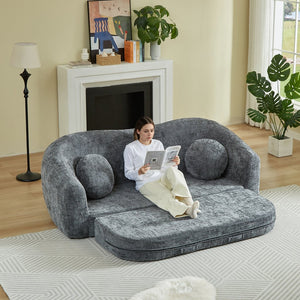 English Elm 86-inch Curved Chenille Convertible Sofa Recliner Frameless Folding Two-seater for Living Room Grey W3505P452818