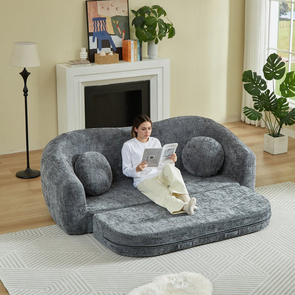 English Elm 86-inch Curved Chenille Convertible Sofa Recliner Frameless Folding Two-seater for Living Room Grey W3505P452818