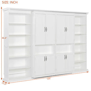 English Elm Full-size Murphy Wall Bed with Sliding Cabinets and Twelve Open Shelves for Studios White LP000919AAK