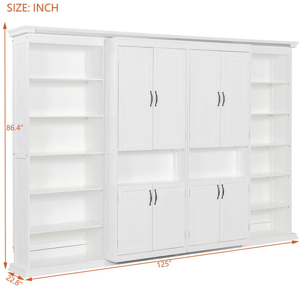 English Elm Full-size Murphy Wall Bed with Sliding Cabinets and Twelve Open Shelves for Studios White LP000919AAK