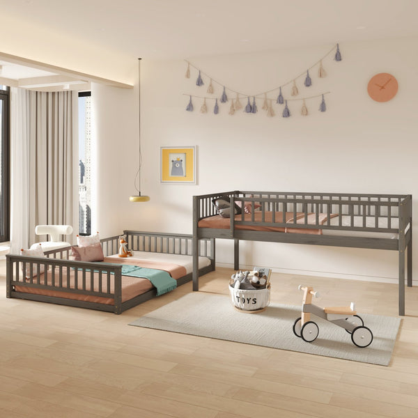 English Elm Full Xl Over Queen Bunk Bed Pine Frame with Guardrails Ladder and Slat Support Gray GX000450AAE