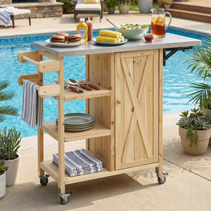 English Elm Foldable Outdoor Kitchen Cart with Stainless Worktop Fir Wood Frame and Lockable Wheels Natural N719P380281N