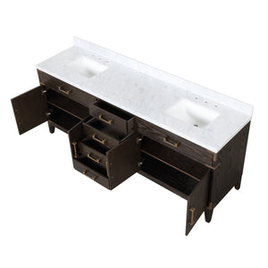 English Elm Brown Oak Double Bath Vanity With Carrara Marble Top - Elegant Storage, Soft-Close, 84" Wide Design B2731P259957