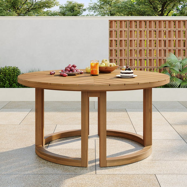 English Elm Trexm Round Acacia Outdoor Dining Table Seats Six with Umbrella Hole Slatted Top Light Teak N715P404283D