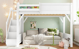 English Elm Twin Low Loft Bed Solid Pine Frame Kids Study Desk Blackboard Storage White Light White W1580S00468