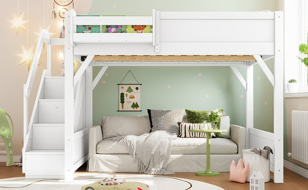 English Elm Twin Low Loft Bed Solid Pine Frame Kids Study Desk Blackboard Storage White Light White W1580S00468