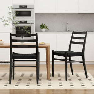 English Elm Dining Chairs with Handwoven Rope Seats and Iron Frame Mid Century Modern Set of 2 Black T3623P438626