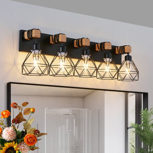 English Elm 31" Modern Geometric 5-Light Vanity Fixture With Black Metal & Wood Accents For Stylish Spaces W2312P374932