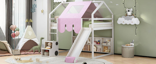 English Elm Full Size Kids House Loft Bed Pinewood Frame with Tent Slide and Play Storage White LT000683AAK