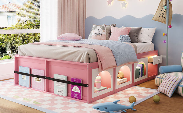 English Elm Queen Storage Platform Bed with Led Lighting Bookshelf Display Cabinet and Pull-out Drawer Pink+White N820S00078H