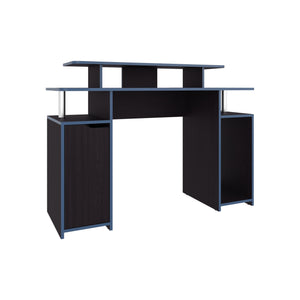 English Elm Gaming Desk Black Wengue with Blue Edge — Compact Engineered Wood, 1 Door & 6 Shelves, Durable Stylish Setup B097P350283