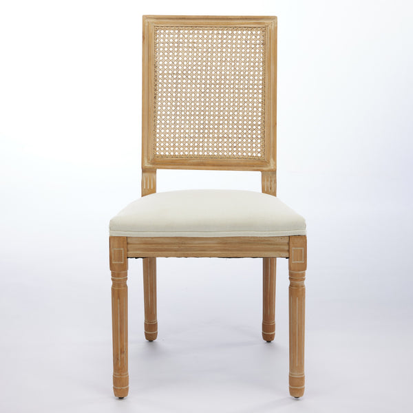 English Elm French Louis Dining Chair Set of 2 with Rattan Square Backrest, Carved Solid Wood Frame, Cushioned Elegance Beige W1143P335056