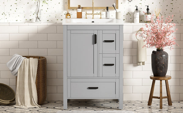 English Elm Modern 24 Inch Bathroom Vanity Solid Wood Cabinet with Ceramic Sink and Soft Close Storage Gray N729P292859E