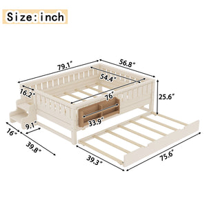 English Elm Twin Kids Platform Bed with Trundle Staircase Bookshelf and Rounded Safety Rails Beige W1580S00559