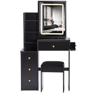 English Elm 29.2" Stylish Left Bedside Vanity Table Set With Led Mirror, Power Station & Cushioned Stool For Comfort W936P202471