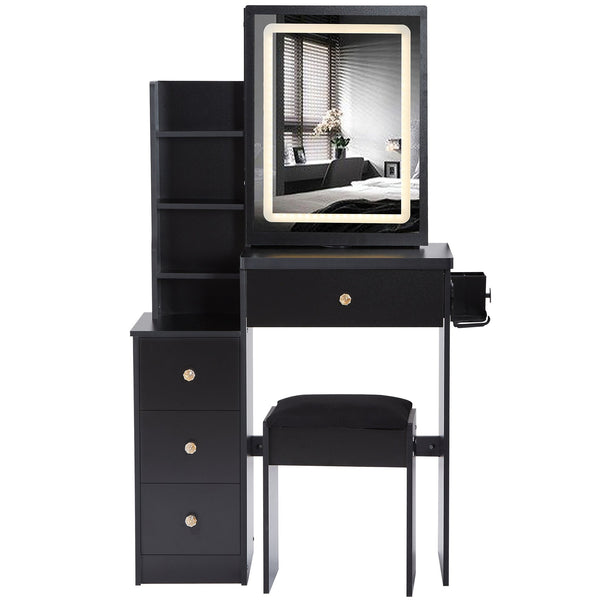 English Elm 29.2" Stylish Left Bedside Vanity Table Set With Led Mirror, Power Station & Cushioned Stool For Comfort W936P202471