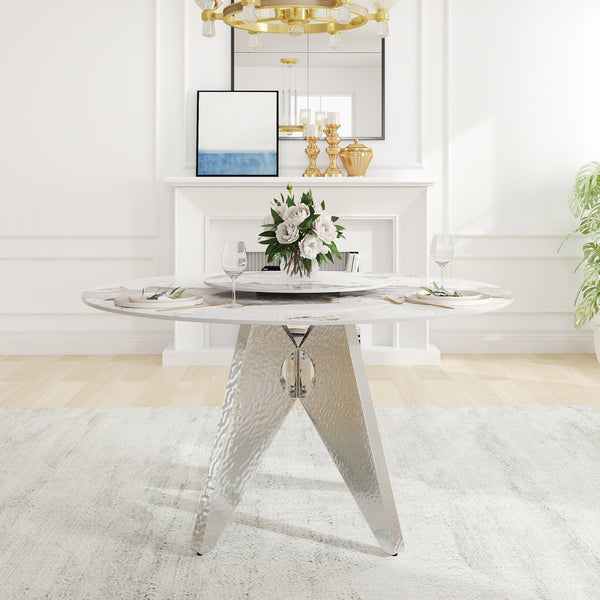English Elm 53" Round Marble Dining Table With Silver Stainless Steel Base And Lazy Susan For 6 People, White W1535S00462