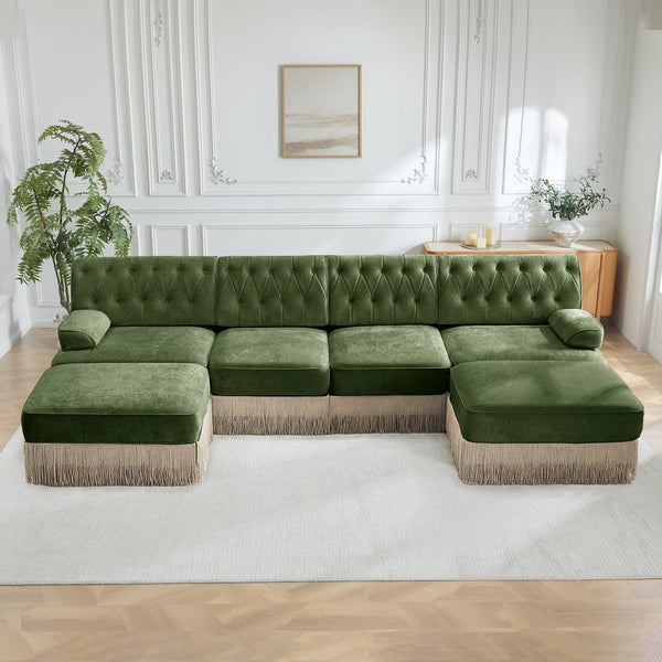 English Elm 4-seater Modular Sectional with Ottomans Tufted Fleece Sofa Tassel Skirt Retro Luxe Green W714S01714