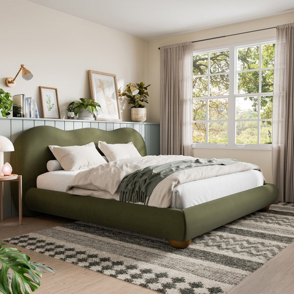English Elm Brown Boucle Eastern King Bed Camel Back Headboard Round Bun Feet Upholstered Frame Olive Green B2741S00831