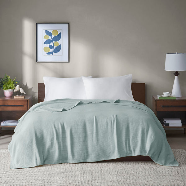 JLA Home Madison Park - Cotton Madison Park Basket Weave Blanket — Lightweight, OEKO‑TEX Certified Cotton for Year‑Round Comfort Blue BL51N-0853