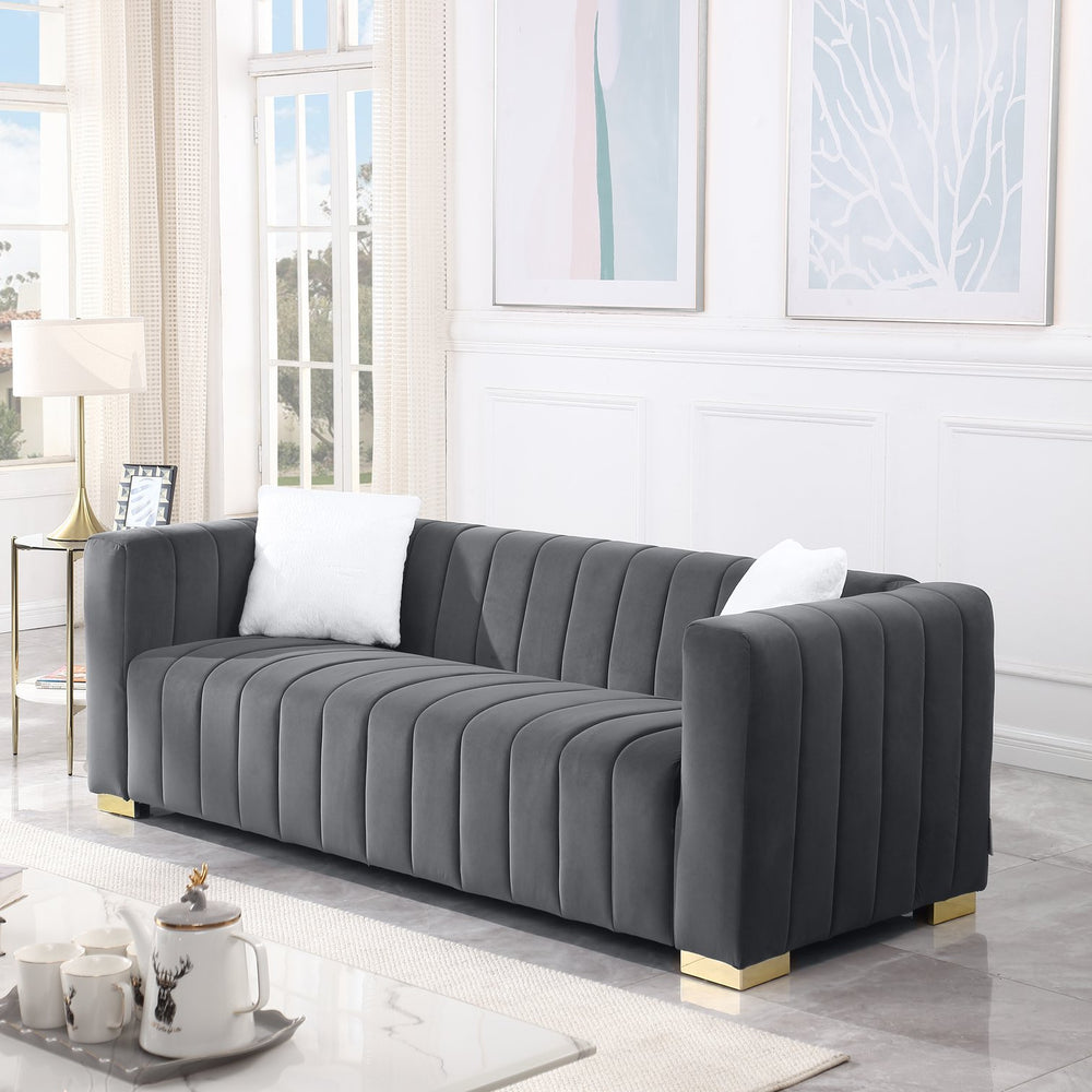 English Elm A Modern Channel Sofa - Elegant Grey Velvet Chesterfield Design, 3-Seater Comfort For Any Space W1099S00126