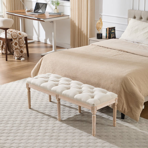 English Elm Bedroom Bench Linen Tufted Seat with Hand Carved Rubberwood Legs French Country Style W3244P500175