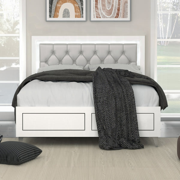 English Elm Grey Queen LED Bed with Padded Headboard, 12-Slat Support & Sturdy Legs for Comfort and Durability B062P215387