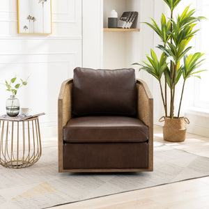 English Elm Swivel Barrel Chair Plush Leather Accent Seat with 360° Metal Base, Sturdy Hardwood Frame, 300lb Capacity Brown W395102739