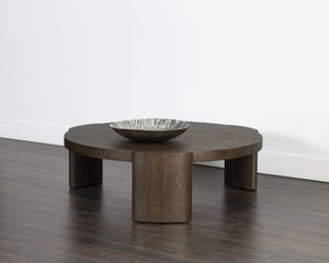 Sunpan Alouette Round Coffee Table - Modern Design with Light Brown Oak Veneer Top and Unique Character Distressed Brown V2