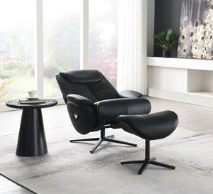 English Elm Black Motion Swivel Accent Chair with Ottoman - Reclining Top-Grain Leather Comfort, Metal Base Rotates B062P215445