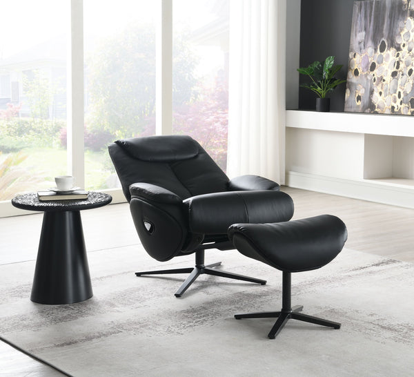 English Elm Black Motion Swivel Accent Chair with Ottoman - Reclining Top-Grain Leather Comfort, Metal Base Rotates B062P215445