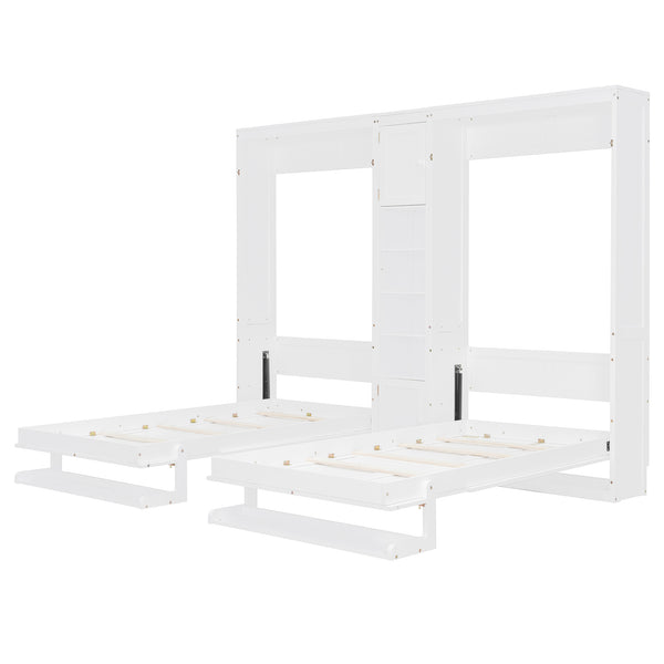 English Elm Dual Twin Murphy Beds with Built-In Cabinets & Shelves for Space-Saving Guest Rooms and Studios White N820S00058K