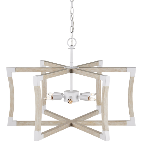 Bastian Sandstone Lantern - Elegant Arts & Crafts Inspired Chandelier in Sugar White and Wood Finish