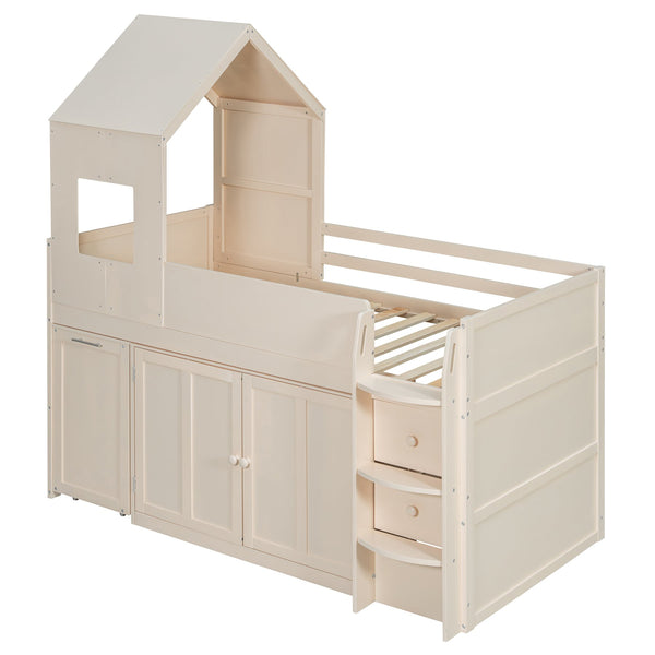 English Elm Twin House Loft Bed with Pull Out Rolling Desk Stair Drawers and Cabinet Storage Beige N820S00072A