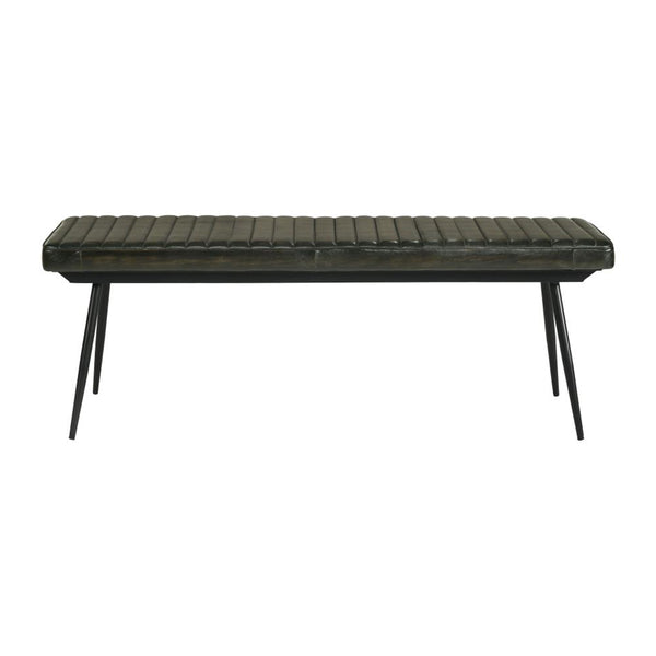 English Elm Leather Upholstered Dining Bench with Hand-Dyed Goat Leather, Vertical Tufting and Metal Legs Antique Espresso B016P369687